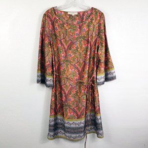 LOFT Women's Tie Waist Trumpet Sleeve Pink Paisley Dress